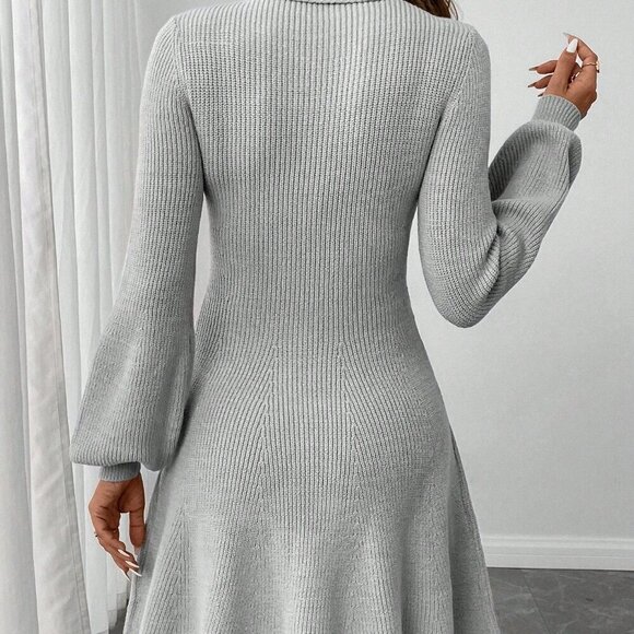 Grey Casual Women's Turtleneck Lantern Sleeve Flare Hem Sweater Dress - Picture 2 of 6